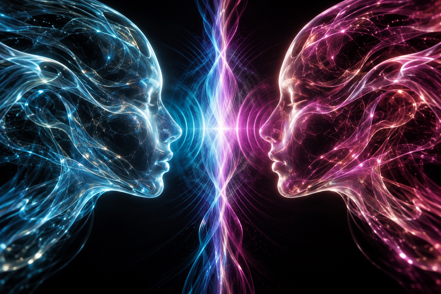 Two luminous faces meeting across a field of light