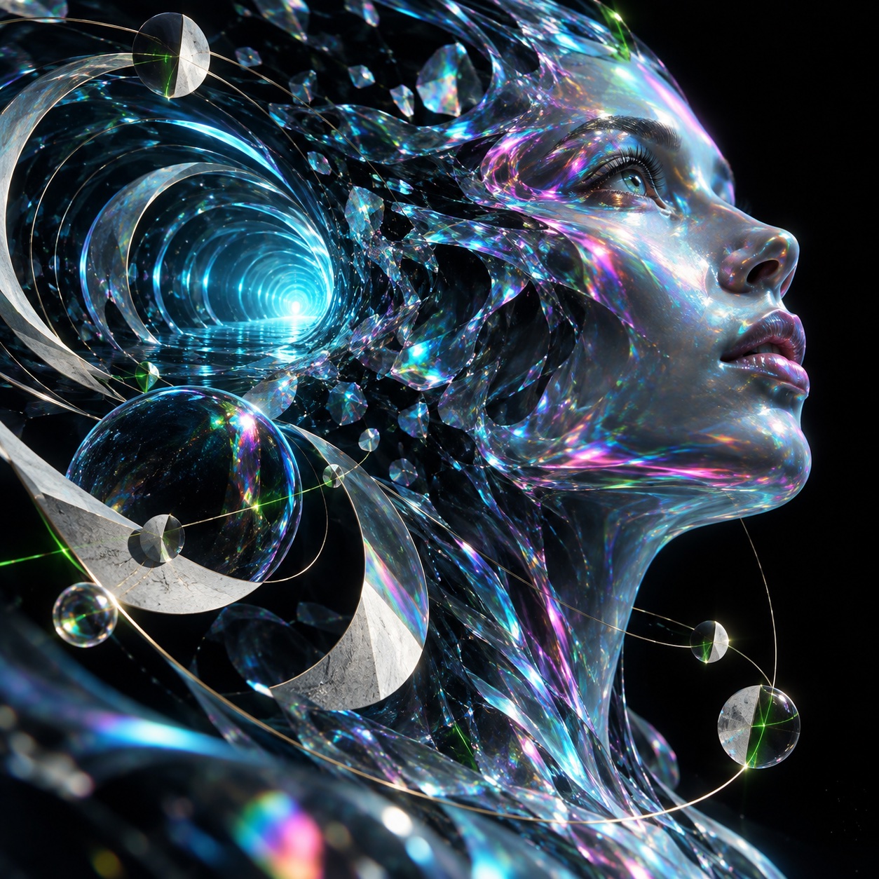 Prismatic portrait with flowing rings of light